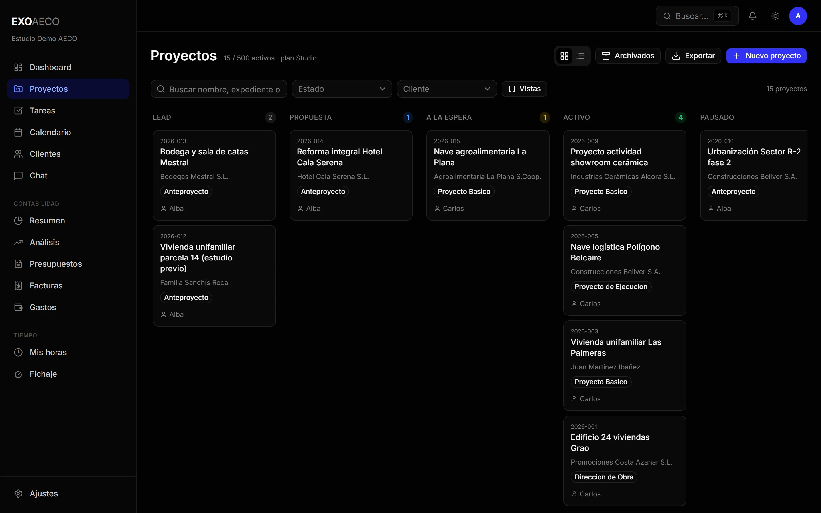 Tablero de proyectos de Exo AECO con los encargos repartidos por estado: lead, propuesta, a la espera, activo y pausado.