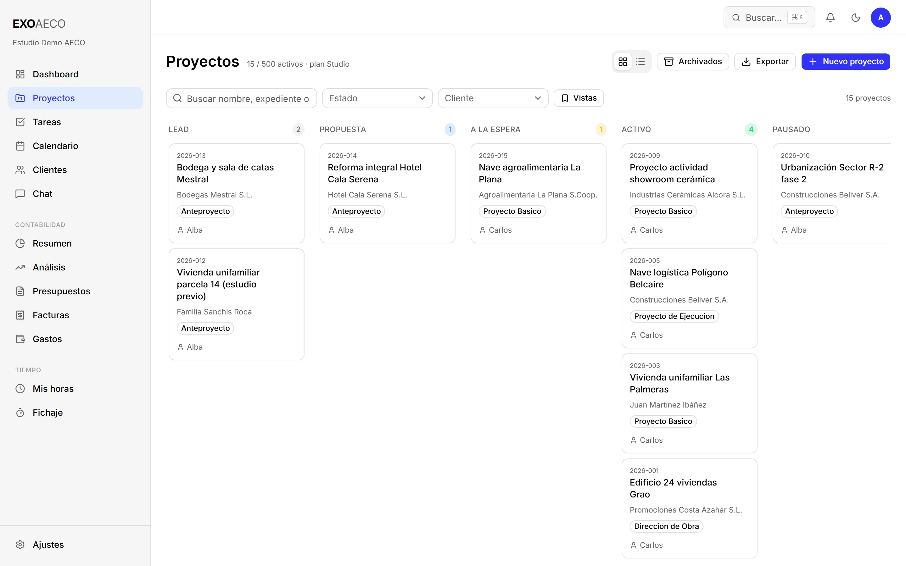Tablero de proyectos de Exo AECO con los encargos repartidos por estado: lead, propuesta, a la espera, activo y pausado.